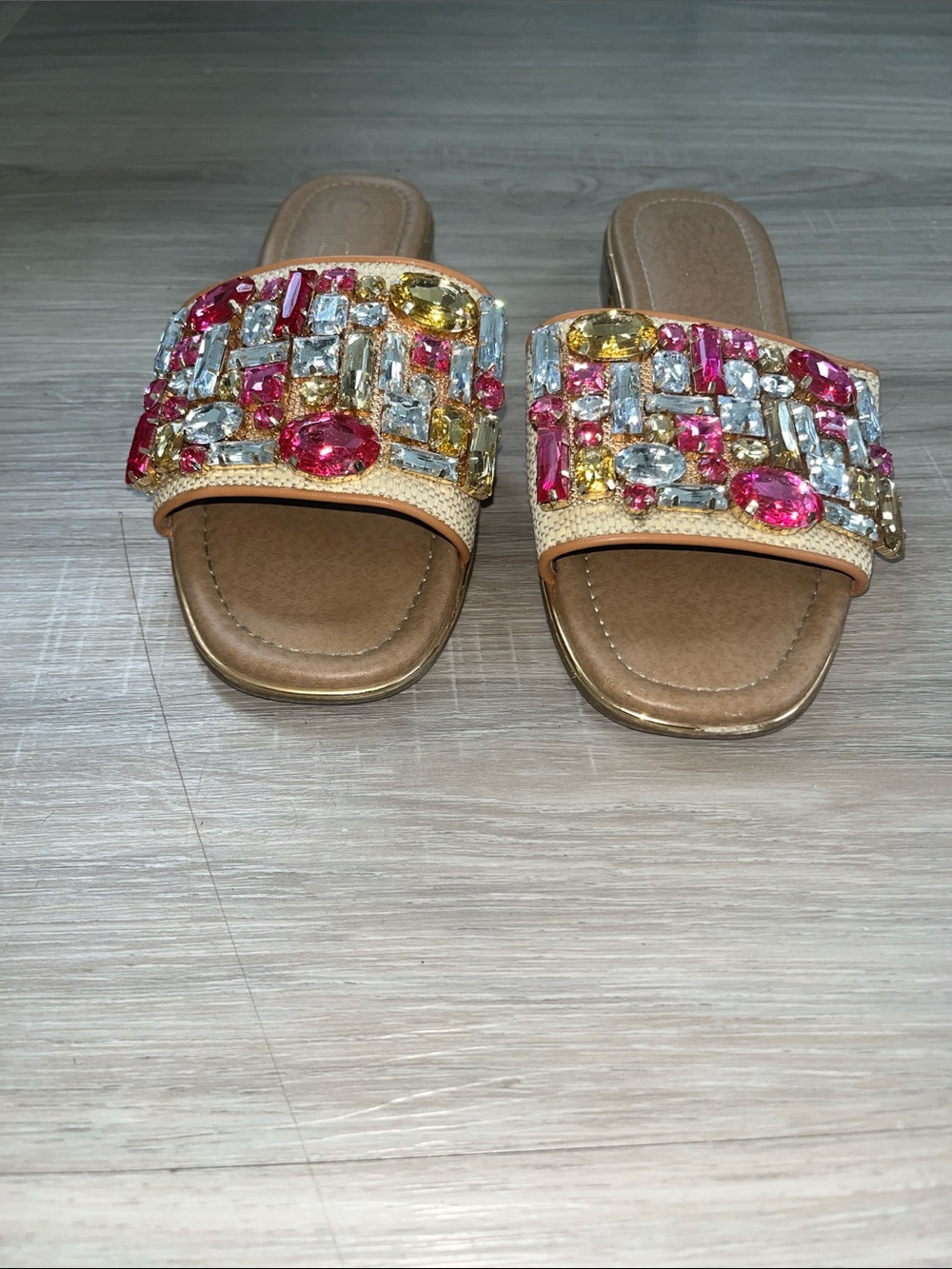 Cato Jeweled Pink, Yellow and Clear Gem Slide Sandals